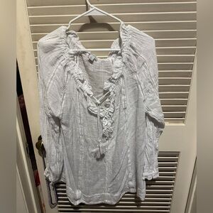 Sundance Ivory Textured Blouse, XL, flowy boho, long sleeves, tie in front